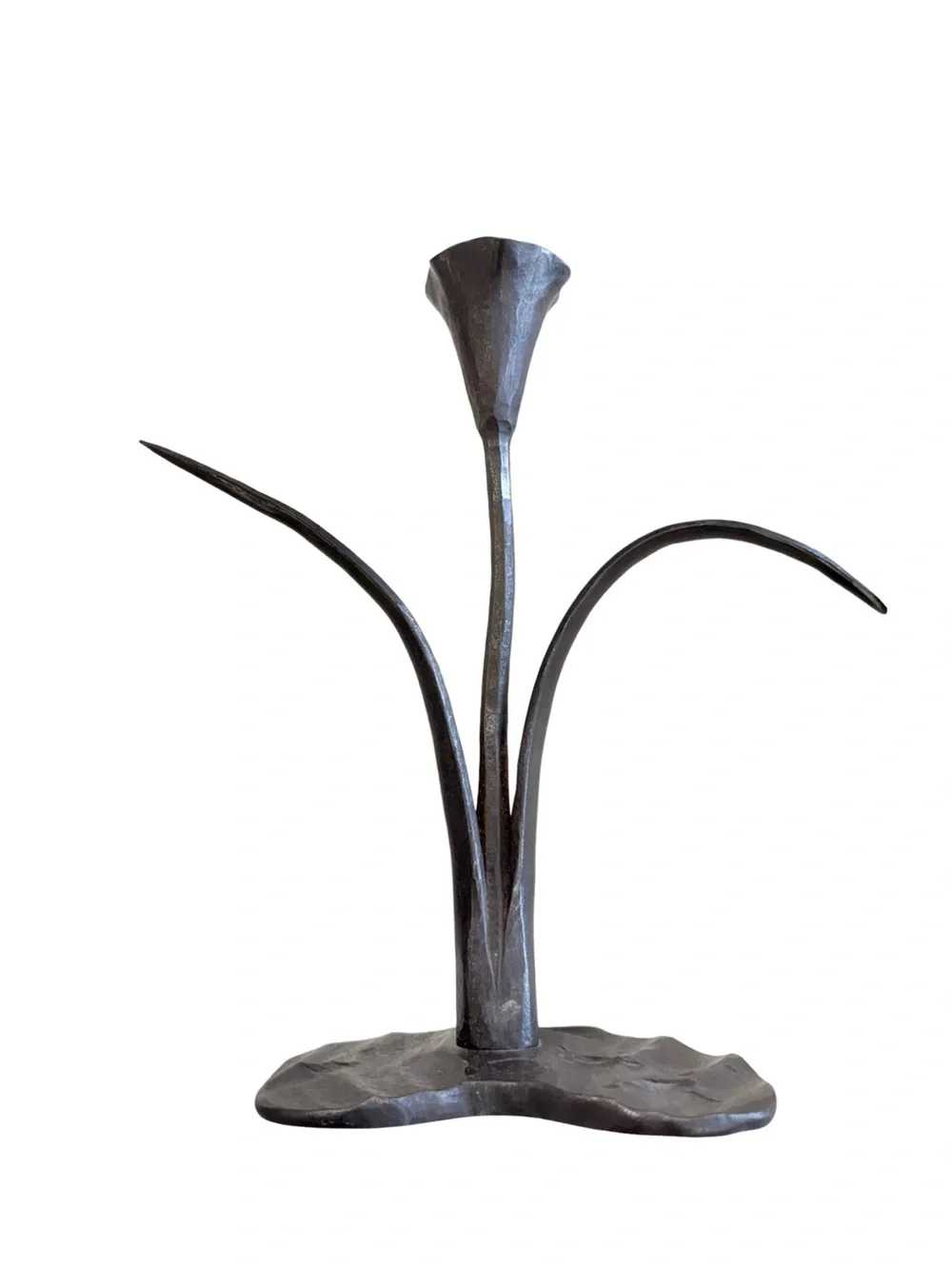 Vintage Hand Forged Iron Calla Lily Candlesticks Pair Brutalist Sculptural
